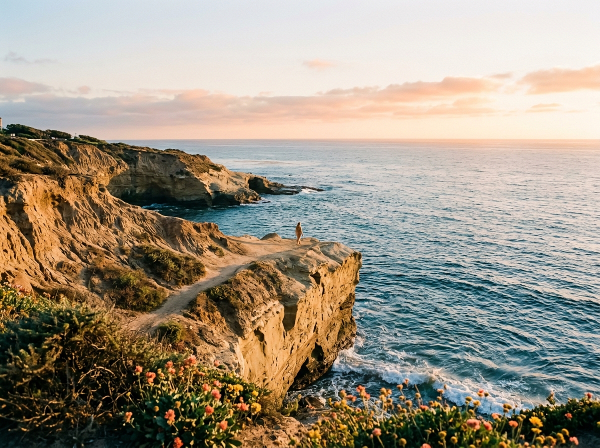 Golden cliffs above the Pacific at sunset in La Jolla.