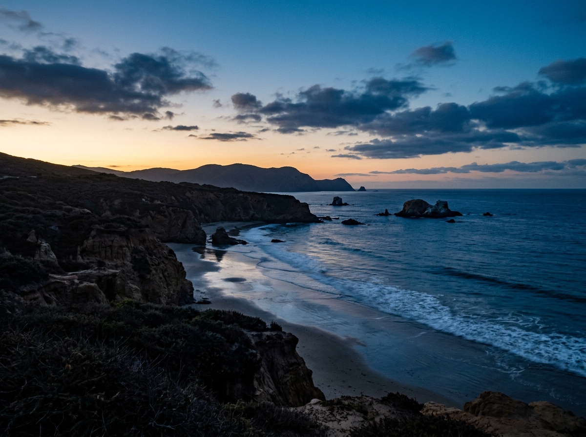 Rocky coastline and ocean beneath a blue twilight sky