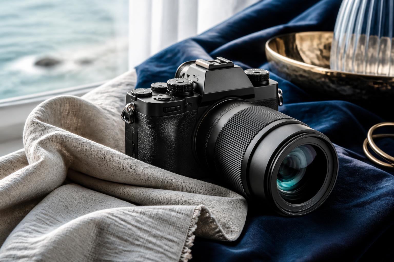 Camera and lens resting on textured fabric